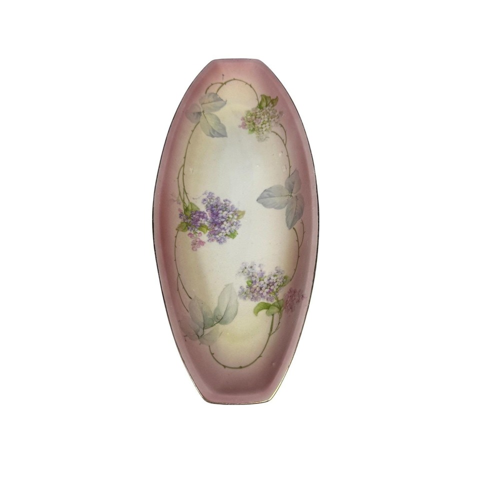 Antique Hand painted lilac German Porcelain Celery‎ Dish Mauve Elegant